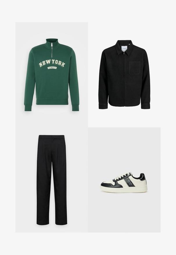 Mustaga lukuga jakker, millel on krae ja üks rinna-tasku, esitatud valgel taustal.; Roheline kapuutsiga sviiter, pooltõmblukuga, millel on kohev tekst "NEW YORK" ja "SCHOTT" kreemjas värvuses. Pehme kangas ja soonikkoes mansetid.; Mustad mustadest riietest, millel on sirge jalgade disain, kaks eesmist voltimist ja tavaline vöökoht, millel on vöökohad.; Nahatud nahkkingad musta ja kreemi värviskeemiga, millel on perforeeritud aktsendid, pehme krae ja tekstureeritud tallad.
