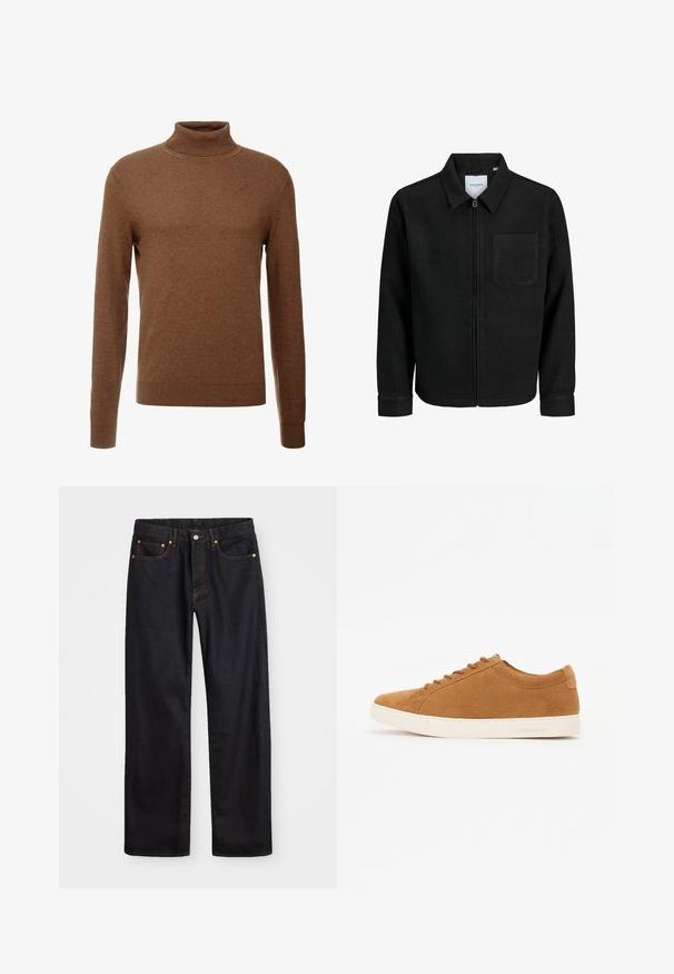 Mustaga lukuga jakker, millel on krae ja üks rinna-tasku, esitatud valgel taustal.; Pruun kõrge kaelusega sviiter pehmest kangast, pikkade varrukatega, ribadega mansettide ja sobiva disainiga, ilma nähtavate mustriteta.; Meeste sirge jala mustad denim teksad viie taskuga, oranž õmblus, nupu ja tõmblukuga ees nagu vöökoht.; Pruunist nahast spordijalatsid madala ülemise disainiga, valge kummitald ja ümar varvas. Omab sobivaid sidekesi ja minimaalset brändi logo kontsapooles.