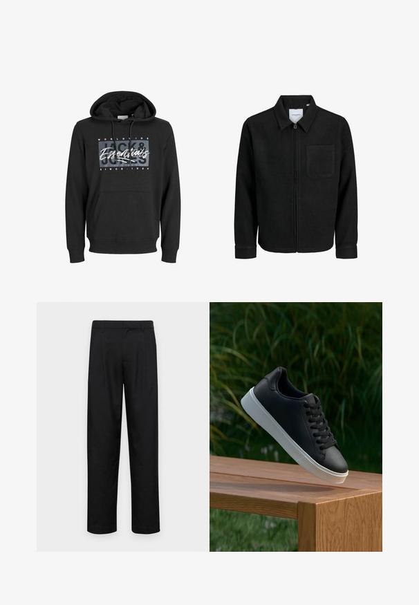 Giacca nera con zip, colletto e una tasca sul petto, mostrata su sfondo bianco.; Felpa con cappuccio nera in misto cotone, dotata di tasca frontale a marsupio, polsini a costine e stampa grafica con testo "Jack & Jones Essentials".; Pantaloni neri realizzati in tessuto liscio, caratterizzati da un taglio dritto, due pieghe frontali e una vita standard con passanti per la cintura.; Sneaker in pelle nera con una texture liscia, suola in gomma bianca e sei grommet per i lacci, posizionata su una superficie di legno.