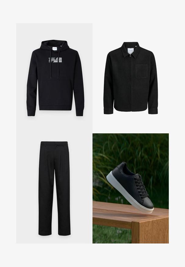 Giacca nera con zip, colletto e una tasca sul petto, mostrata su sfondo bianco.; Felpa nera con cappuccio realizzata in tessuto morbido, con tasca a marsupio frontale e logo stampato sul petto. Maniche lunghe con polsini a coste.; Pantaloni neri realizzati in tessuto liscio, caratterizzati da un taglio dritto, due pieghe frontali e una vita standard con passanti per la cintura.; Sneaker in pelle nera con una texture liscia, suola in gomma bianca e sei grommet per i lacci, posizionata su una superficie di legno.