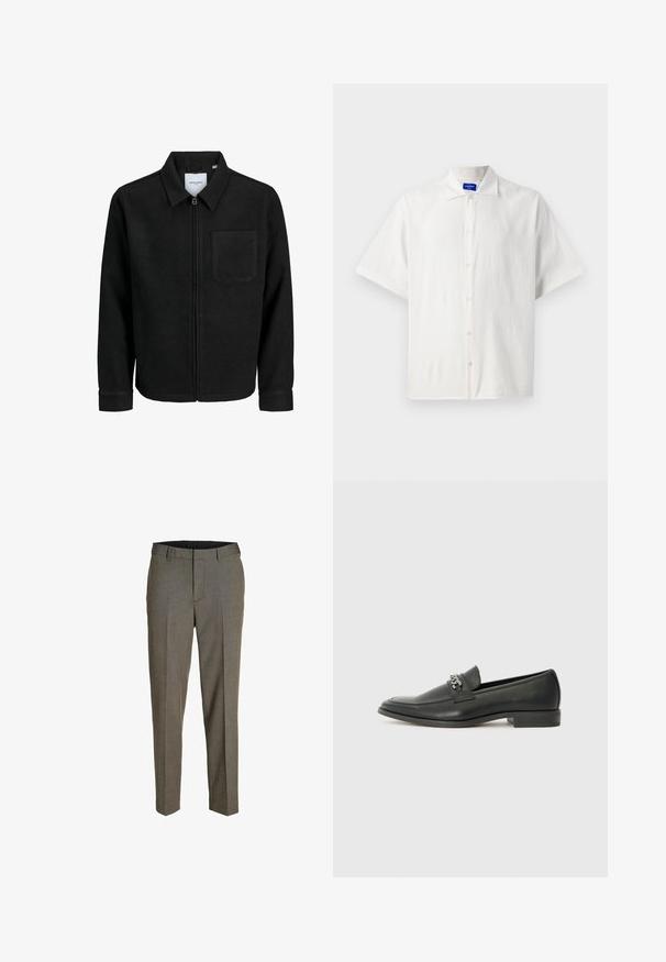 Mustaga lukuga jakker, millel on krae ja üks rinna-tasku, esitatud valgel taustal.; Lühikeste varrukatega, valge nööbiga särk, valmistatud kergest kangast, klassikalise kraega ja peene tekstuuriga. Nööbid on ühtlaselt paigutatud.; Hallid sääret, millel on peenelt kootud tekstuur, sirge esiosa, kaks voldikut ja sirge lõige. Omab vöökausid ja taskuid.; Must haveate nahkking punased, millel on sile viimistlus, tikitud muster ja dekoratiivne metallkett vampi üle. Tasane konts.