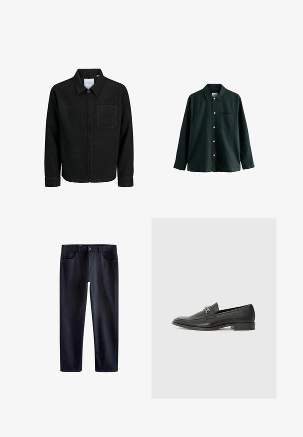 Giacca nera con zip, colletto e una tasca sul petto, mostrata su sfondo bianco.; Camicia button-up verde scuro con colletto, maniche lunghe e una tasca sul petto; presenta bottoni bianchi e una consistenza morbida.; Jeans blu scuro con un taglio dritto classico, realizzati in denim. Presentano cinque tasche e una chiusura con bottone standard.; Mocassino in pelle nera con finitura liscia, caratterizzato da un design cucito e da un accento decorativo in catena metallica sul vamp. Tacco piatto.