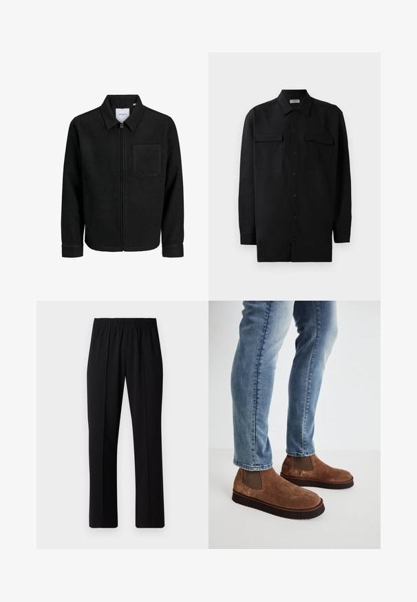 Zwarte zip-up jas met kraag en enkele borstzak, weergegeven op een witte achtergrond.; Zwarte button-up shirt gemaakt van gladde stof, met een klassieke kraag, twee voorzakken en lange mouwen met knopenmanchetten.; Zwarte, elastische broek met rechte pijpen, met een gladde textuur en zonder zichtbare patronen of hardware.; Bruine suède enkellaarsjes met elastische zijpanelen, dikke zwarte rubberen zolen, gedragen met lichtblauwe slim-fit jeans.