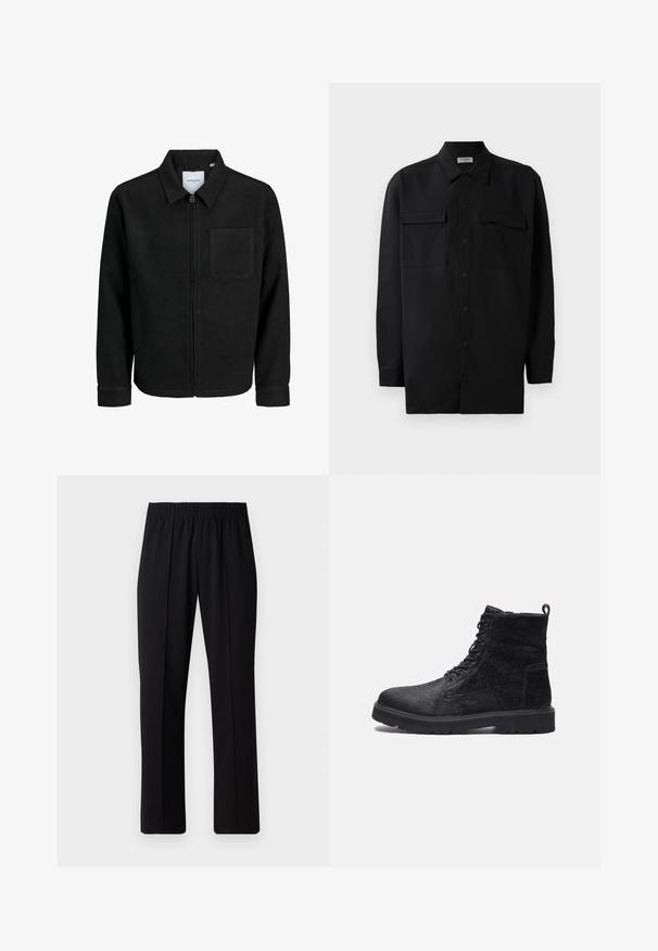 Mustaga lukuga jakker, millel on krae ja üks rinna-tasku, esitatud valgel taustal.; Mustmust värvi nööpidega särk, mis on valmistatud sujuvast kangast, klassikalise kraega, kahe eesmise tasku ja pikkade varrukatega, millel on nööpidega mansetid.; Mustad, elastse puusärgid sirge säärega, mis on sileda tekstuuriga ja ilma nähtavate mustrite või riistadega.; Mustad mustjalatsid tekstureeritud pealisosaga, nööpide ja tugeva kummitaldiga ning seljaosas kasutusmugavuse tagamiseks tõmbeaas.