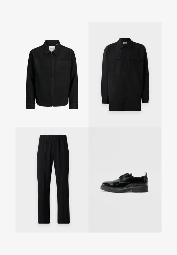 Schwarze Zip-Jacke mit Kragen und einer einzelnen Brusttasche, auf weißem Hintergrund präsentiert.; Schwarzes Hemd mit Knopfleiste aus glattem Stoff, das einen klassischen Kragen, zwei Brusttaschen und lange Ärmel mit Knopfmanschetten aufweist.; Schwarze, Gummibund-Hosen mit geradem Schnitt, die eine glatte Textur aufweisen und keine sichtbaren Muster oder Beschläge haben.; Schwarzer Lackleder-Schnürschuh mit dicker Gummisohle und Fersenschlaufe, von der Innenseite auf einem weißen Hintergrund gezeigt.
