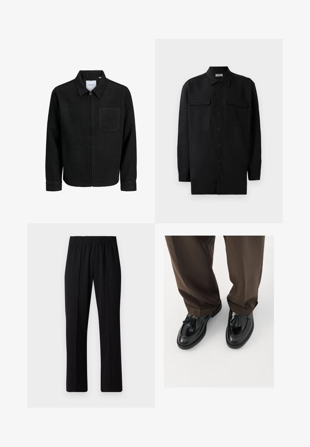Musta vetoketjullinen takki, jossa on kaulus ja yksi rintatasku, esitelty valkoista taustaa vasten.; Musta napillinen paita, joka on valmistettu sileästä kankaasta. Paita sisältää klassisen kaulan, kaksi etutaskua ja pitkät hihat, joissa on nappivarat.; Mustat, joustavat vyötäröhousut suoralla lahkeella, joissa on sileä pinta ilman näkyviä kuvioita tai metalliosia.; Mustat nahka loafersit, joissa on pyöristetty kärki, koristeelliset tupsut ja teksturoitu ompelu, yhdistettynä ruskeisiin, hieman löysiin housuihin.