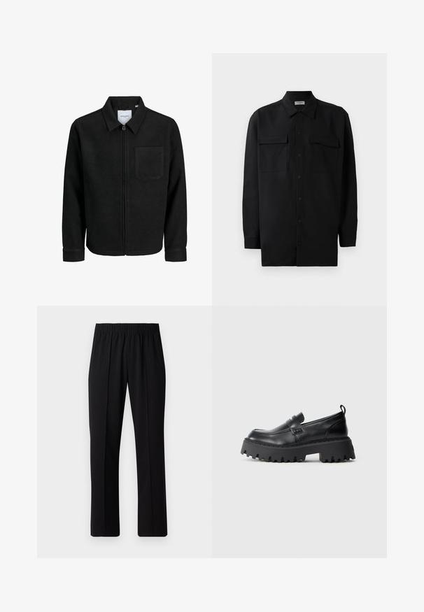 Juodas džemperis su užtrauktuku, apykakle ir vienu krūtiniu kišenėje, pristatytas baltame fone.; Juodas marškinis su mygtukais, pagamintas iš lygaus audinio, turi klasikinius apykaklės, du priekiniai kišeniai ir ilgus rankovės su mygtukais.; Juodos, elastingos juosmens kelnės su tiesiomis kojomis, turinčios lygų paviršių ir be matomų raštų ar detalių.; Juodos odinės slip-on bateliai su storesniu guminio pado, turinčiu dantytą kraštą, ir dekoratyvia juostele priekyje. Suapvalinta kulno forma.