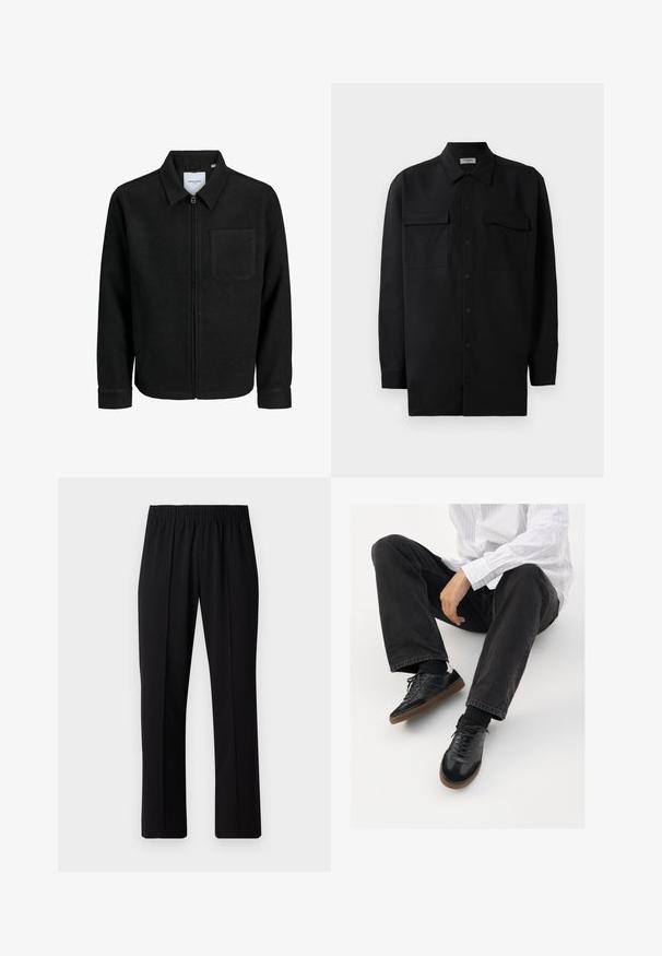 Black zip-up jacket with collar and single chest pocket, displayed on white background.; Black button-up shirt made of smooth fabric, featuring a classic collar, two front pockets, and long sleeves with button cuffs.; Black, elastic-waist trousers with a straight-leg design, featuring a smooth texture and no visible patterns or hardware.; Black sneakers with a smooth and textured upper, featuring a rubber sole and dark laces. Paired with black jeans and a white striped shirt.