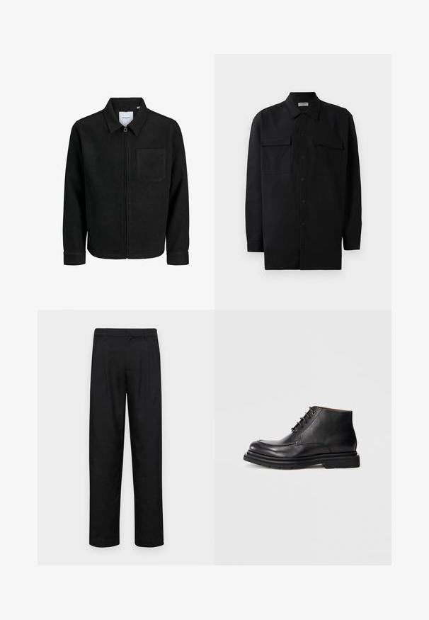 Mustaga lukuga jakker, millel on krae ja üks rinna-tasku, esitatud valgel taustal.; Mustmust värvi nööpidega särk, mis on valmistatud sujuvast kangast, klassikalise kraega, kahe eesmise tasku ja pikkade varrukatega, millel on nööpidega mansetid.; Mustad mustadest riietest, millel on sirge jalgade disain, kaks eesmist voltimist ja tavaline vöökoht, millel on vöökohad.; Must musta ankle saapad, lace-up kinnitusega, ümaral toe ja paksul kummist tallal, valge tausta ees.