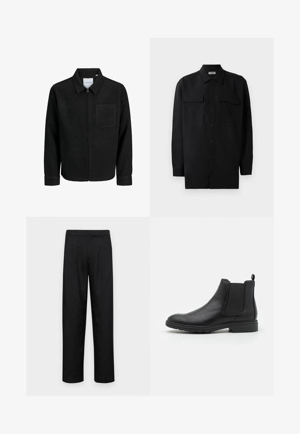 Čierna zipsová bunda s golierom a jednou náprsníkou, vystavená na bielom pozadí.; Čierna košeľa na gombíky vyrobená z hladkej tkaniny, so klasickým golierom, dvoma prednými vreckami a dlhými rukávmi s gombíkovými manžetami.; Čierne nohavice vyrobené z hladkej tkaniny, s rovnými nohavicami, dvoma prednými skladmi a štandardným pásom s pútkami na opasok.; Čierne kožené Chelsea čižmy s elastickými bočnými panelmi a pútkom, s okrouhlym špičkou a texturovanou gumenou podrážkou.