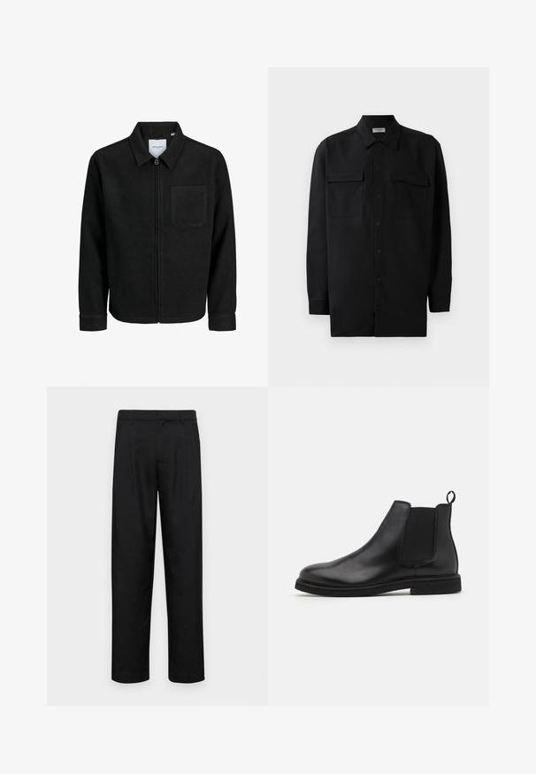 Črna jakna z zadrgo in ovratnikom ter enim žepom na prsih, prikazana na beli podlagi.; Črn srajčni zgornji del iz gladkega materiala, s klasičnim ovratnikom, dvema sprednjima žepoma in dolgimi rokavi z gumbi na manšetah.; Črne hlače iz gladkega materiala, s krojem ravne noge, dvema sprednjima pregiboma in standardnim pasom z zankami za pas.; Črne usnjene Chelsea škornje z elastičnimi bočnimi paneli in zanka za obuvanje. Okrogla kapa in ravno gumijasto dno, kar poudarja gladko zaključeno površino.