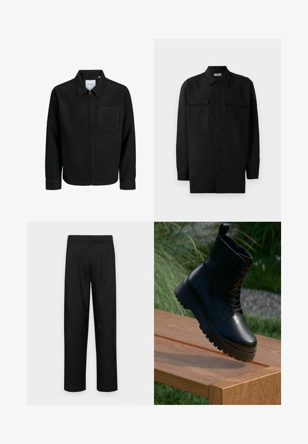 Sort lynlåsjakke med krave og en enkelt brystlomme, vist på hvid baggrund.; Sort skjorte med knapper lavet af glat stof, med klassisk krave, to frontlommer og lange ærmer med knapmanchetter.; Sorte bukser lavet af glat stof, med et lige ben-design, to frontfolder og en standard talje med bæltestropper.; Sort læder ankelstøvle med tekstureret overflade, snørebånd foran og kraftig, ribbet sål. Vist på en træoverflade med græsbaggrund.