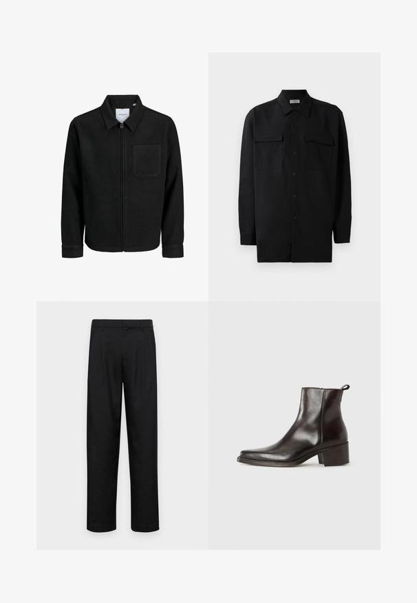 Musta vetoketjullinen takki, jossa on kaulus ja yksi rintatasku, esitelty valkoista taustaa vasten.; Musta napillinen paita, joka on valmistettu sileästä kankaasta. Paita sisältää klassisen kaulan, kaksi etutaskua ja pitkät hihat, joissa on nappivarat.; Mustat housut, jotka on valmistettu sileästä kankaasta, suoran lahkeen muotoilulla, kahdella etupleekillä ja tavanomaisella vyötäröllä, jossa on vyölenkit.; Mustat nahkaiset nilkkasaappaat, joissa on paksu korko, kärjestä kapeneva muoto, sivuvetoketju ja lenkki takaosassa helppoa pukemista varten. Silkkinen pinta.