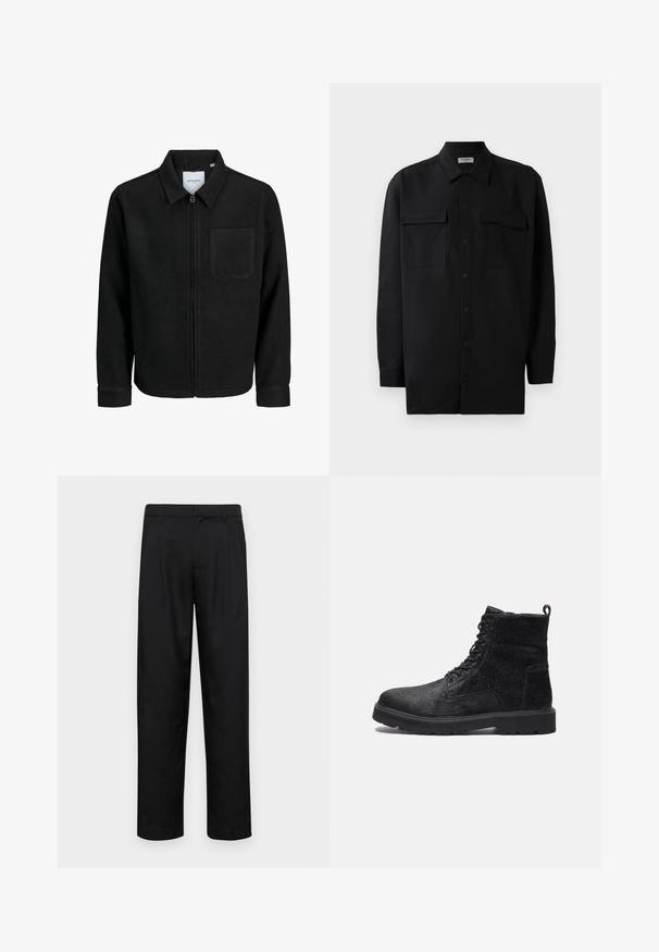Juodas džemperis su užtrauktuku, apykakle ir vienu krūtiniu kišenėje, pristatytas baltame fone.; Juodas marškinis su mygtukais, pagamintas iš lygaus audinio, turi klasikinius apykaklės, du priekiniai kišeniai ir ilgus rankovės su mygtukais.; Juodi kelnių modeliai, pagaminti iš lygios medžiagos, turi tiesią kojas, du priekiniai klostės ir standartinę juosmenį su diržo kilpomis.; Juoda ankle batai su tekstūruotu paviršiumi, su raišteliais priekyje, tvirtu guminiais padu ir tampymo kilpa gale, kad būtų lengviau užsidėti.