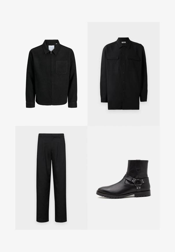 Sort lynlåsjakke med krave og en enkelt brystlomme, vist på hvid baggrund.; Sort skjorte med knapper lavet af glat stof, med klassisk krave, to frontlommer og lange ærmer med knapmanchetter.; Sorte bukser lavet af glat stof, med et lige ben-design, to frontfolder og en standard talje med bæltestropper.; Sorte læder ankelstøvler med spidse tæer, flade gummisulder og en dekorativ rem med en metalring og nitter. Glat tekstur.