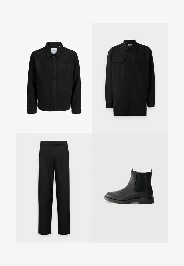 Black zip-up jacket with collar and single chest pocket, displayed on white background.; Black button-up shirt made of smooth fabric, featuring a classic collar, two front pockets, and long sleeves with button cuffs.; Black trousers made of smooth fabric, featuring a straight-leg design, two front pleats, and standard waistband with belt loops.; Black leather chelsea boots with elastic side panels, pull tabs, rounded toe, and textured rubber sole. Smooth surface and sturdy design.