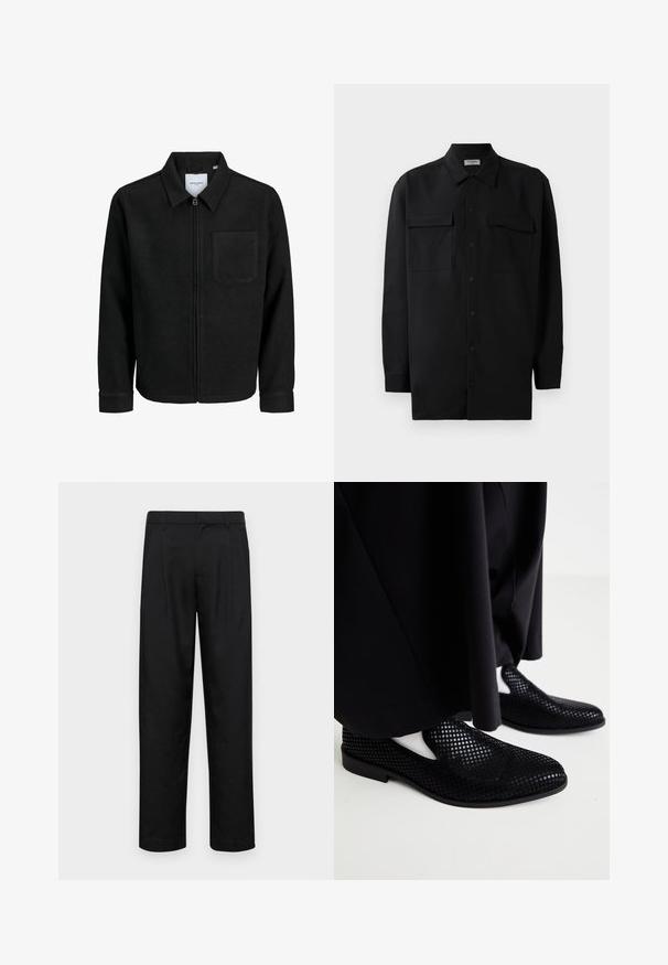 Schwarze Zip-Jacke mit Kragen und einer einzelnen Brusttasche, auf weißem Hintergrund präsentiert.; Schwarzes Hemd mit Knopfleiste aus glattem Stoff, das einen klassischen Kragen, zwei Brusttaschen und lange Ärmel mit Knopfmanschetten aufweist.; Schwarze Hose aus glattem Stoff, mit geradem Bein Design, zwei vorderen Falten und einem Standardbund mit Gürtelschlaufen.; Schwarze perforierte Slipper mit flacher Sohle und glatter Textur. Minimalistisches Design mit seitlichen Ausschnitten. Kombiniert mit schwarzen Hosen.