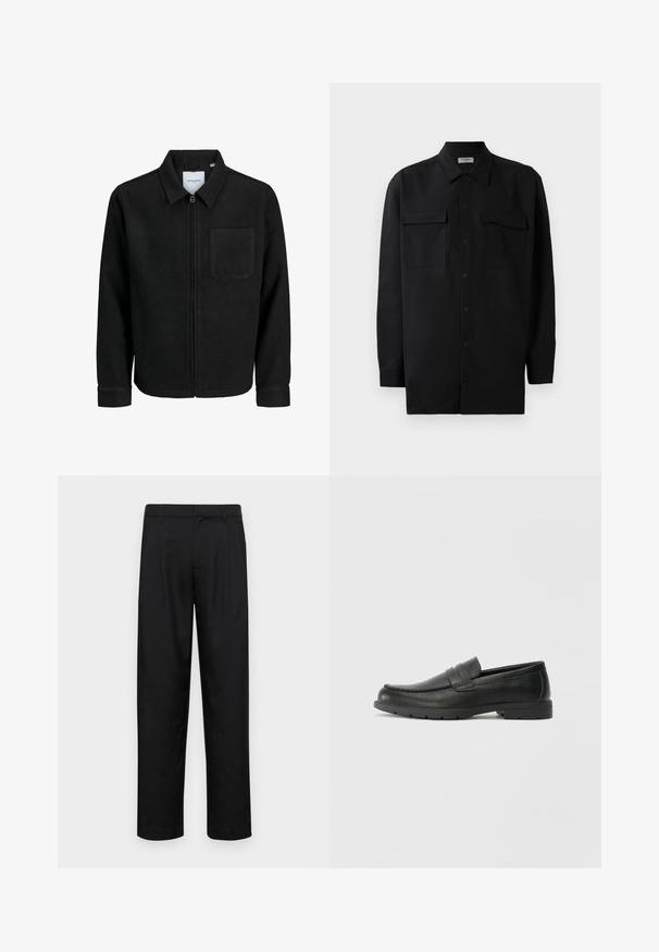 Sort lynlåsjakke med krave og en enkelt brystlomme, vist på hvid baggrund.; Sort skjorte med knapper lavet af glat stof, med klassisk krave, to frontlommer og lange ærmer med knapmanchetter.; Sorte bukser lavet af glat stof, med et lige ben-design, to frontfolder og en standard talje med bæltestropper.; Sorte læderslippers med en glat finish, mokkasin-stil overdel, syninger og gummisål. Klassisk design med en lav hæl.