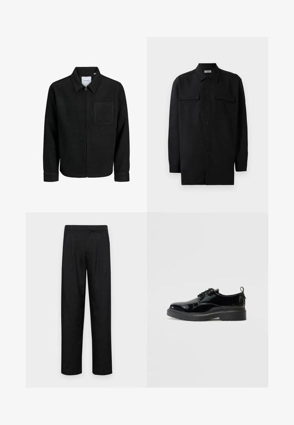 Melna jaka ar rāvējslēdzēju un apkakli, vienu krūšu kabatu, parādīta uz baltas fona.; Melnā pogu krekla, kas izgatavota no gludas auduma, ar klasisku apkakli, divām priekšējām kabatām un garām piedurknēm ar pogu aprocēm.; Melnas bikses, izgatavotas no gludas auduma, ar taisnu kāju dizainu, divām priekšējām krokām un standarta jostu, kurai ir āķi.; Melna lakota āda, kurpes ar saites, ar biezu gumijas zolīti un papēža cilpu, attēlotas no iekšpuses uz balta fona.