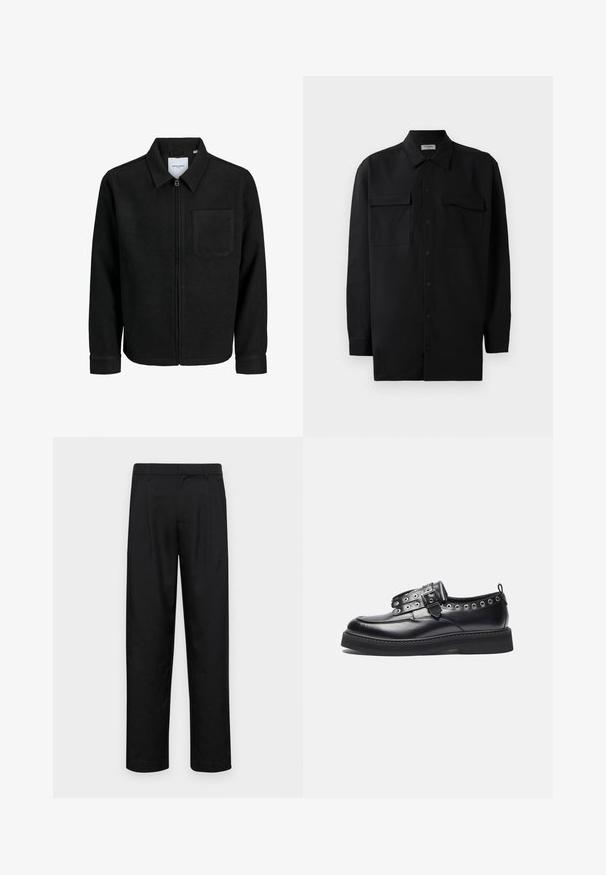 Zwarte zip-up jas met kraag en enkele borstzak, weergegeven op een witte achtergrond.; Zwarte button-up shirt gemaakt van gladde stof, met een klassieke kraag, twee voorzakken en lange mouwen met knopenmanchetten.; Zwarte broeken van gladde stof, met een recht model, twee voorknikken en een standaard tailleband met riemlussen.; Zwarte leren schoen met een ronde neus, decoratieve oogjesdetails en een band met een gesp, met een dikke zwarte zool.
