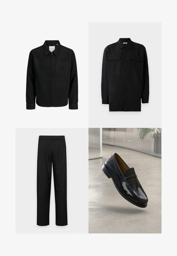 Giacca nera con zip, colletto e una tasca sul petto, mostrata su sfondo bianco.; Camicia nera con bottoni realizzata in tessuto morbido, dotata di colletto classico, due tasche frontali e maniche lunghe con polsini a bottone.; Pantaloni neri realizzati in tessuto liscio, caratterizzati da un taglio dritto, due pieghe frontali e una vita standard con passanti per la cintura.; Mocassino in pelle verniciata nera con accento cucito, punta rotonda, tacco basso e superficie liscia, presentato su uno sfondo neutro.