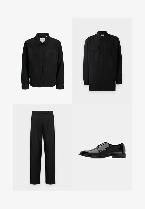 Czarna kurtka z zamkiem na całej długości, z kołnierzem i jedną kieszenią na piersi, umieszczona na białym tle.; Czarna koszula z guzikami wykonana z gładkiego materiału, z klasycznym kołnierzykiem, dwoma przednimi kieszeniami i długimi rękawami z mankietami na guziki.; Czarne spodnie wykonane z gładkiego materiału, z prostą nogawką, dwoma fałdami z przodu oraz standardowym paskiem z wypustkami na pasek.; Czarne, lakierowane buty wizytowe ze zaokrąglonym noskiem, sznurowane, o gładkiej, błyszczącej powierzchni. Posiadają niski, gumowy obcas.