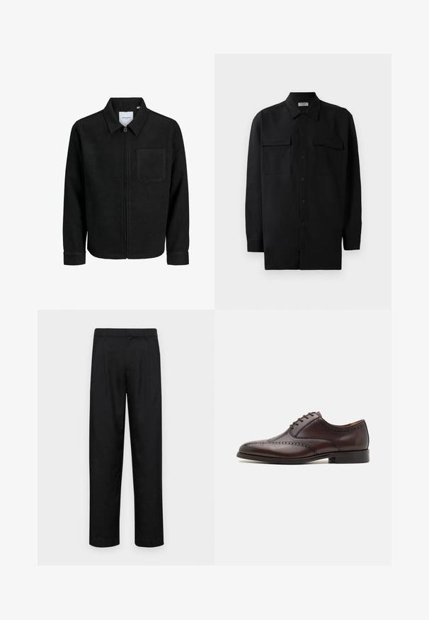 Čierna zipsová bunda s golierom a jednou náprsníkou, vystavená na bielom pozadí.; Čierna košeľa na gombíky vyrobená z hladkej tkaniny, so klasickým golierom, dvoma prednými vreckami a dlhými rukávmi s gombíkovými manžetami.; Čierne nohavice vyrobené z hladkej tkaniny, s rovnými nohavicami, dvoma prednými skladmi a štandardným pásom s pútkami na opasok.; ALDO DONALD - Elegantné šnurovačky - dark brown