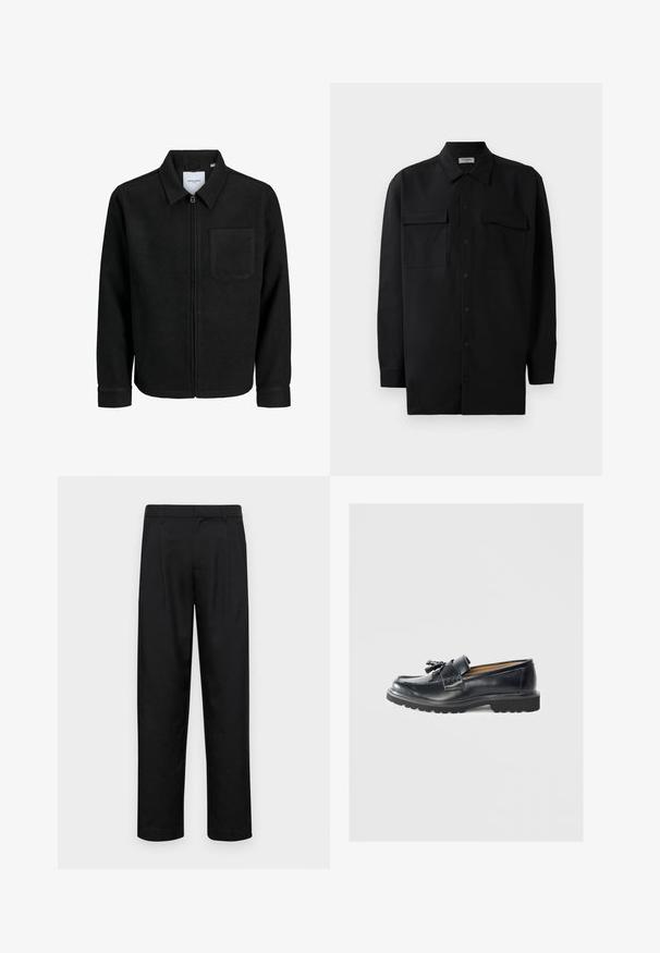 Melna jaka ar rāvējslēdzēju un apkakli, vienu krūšu kabatu, parādīta uz baltas fona.; Melnā pogu krekla, kas izgatavota no gludas auduma, ar klasisku apkakli, divām priekšējām kabatām un garām piedurknēm ar pogu aprocēm.; Melnas bikses, izgatavotas no gludas auduma, ar taisnu kāju dizainu, divām priekšējām krokām un standarta jostu, kurai ir āķi.; Melna ādas loafer tipa kurpe ar izteiktu plakanu zoli, šuvju dekoru, pušķa rotājumu un gludu apdari.