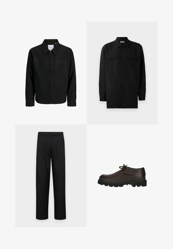 Giacca nera con zip, colletto e una tasca sul petto, mostrata su sfondo bianco.; Camicia nera con bottoni realizzata in tessuto morbido, dotata di colletto classico, due tasche frontali e maniche lunghe con polsini a bottone.; Pantaloni neri realizzati in tessuto liscio, caratterizzati da un taglio dritto, due pieghe frontali e una vita standard con passanti per la cintura.; Scarpa in pelle marrone con lacci, suola nera spessa e scolpita, con dettagli cuciti, marchiata Clarks sull'etichetta laterale.