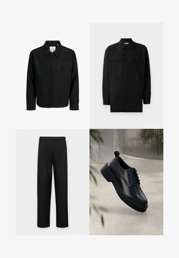 Melna jaka ar rāvējslēdzēju un apkakli, vienu krūšu kabatu, parādīta uz baltas fona.; Melnā pogu krekla, kas izgatavota no gludas auduma, ar klasisku apkakli, divām priekšējām kabatām un garām piedurknēm ar pogu aprocēm.; Melnas bikses, izgatavotas no gludas auduma, ar taisnu kāju dizainu, divām priekšējām krokām un standarta jostu, kurai ir āķi.; Melnas ādas kurpes ar noapaļotu purngalu, ar īsām auklēm un biezām gumijas zolēm, kas izceļas ar teksturētu malu. Sleek apdare un minimāls aparatūras daudzums.