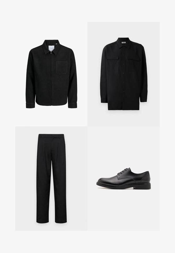 Giacca nera con zip, colletto e una tasca sul petto, mostrata su sfondo bianco.; Camicia nera con bottoni realizzata in tessuto morbido, dotata di colletto classico, due tasche frontali e maniche lunghe con polsini a bottone.; Pantaloni neri realizzati in tessuto liscio, caratterizzati da un taglio dritto, due pieghe frontali e una vita standard con passanti per la cintura.; Scarpa da uomo nera in pelle con finitura liscia, punta rotonda, sei asole per i lacci e tacco basso. Presenta cuciture delicate e suola piatta.