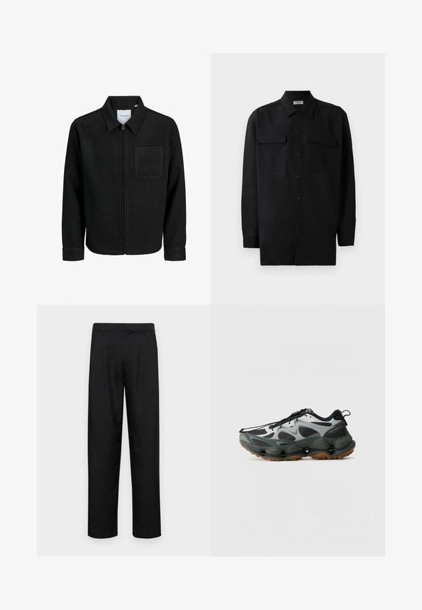 Giacca nera con zip, colletto e una tasca sul petto, mostrata su sfondo bianco.; Camicia nera con bottoni realizzata in tessuto morbido, dotata di colletto classico, due tasche frontali e maniche lunghe con polsini a bottone.; Pantaloni neri realizzati in tessuto liscio, caratterizzati da un taglio dritto, due pieghe frontali e una vita standard con passanti per la cintura.; Scarpe da ginnastica nere e grigie con tomaia in rete, suola scolpita e suola in gomma. Presentano un sistema di allacciatura sicuro e un tassello sul tallone.