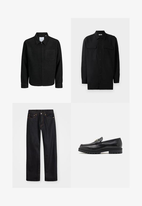 Mustaga lukuga jakker, millel on krae ja üks rinna-tasku, esitatud valgel taustal.; Mustmust värvi nööpidega särk, mis on valmistatud sujuvast kangast, klassikalise kraega, kahe eesmise tasku ja pikkade varrukatega, millel on nööpidega mansetid.; Meeste sirge jala mustad denim teksad viie taskuga, oranž õmblus, nupu ja tõmblukuga ees nagu vöökoht.; Mustad musta naha mokassiinid sileda viimistlusega, ümmarguse nina, dekoratiivse rihma kuldsete detailidega ja robustse musta tallaga.