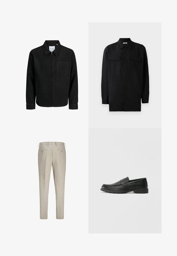 Crna jakna na zip s ovratnikom i jednim džepom na prsima, prikazana na bijeloj pozadini.; Crna košulja s dugim rukavima od glatkog materijala, s klasičnom kragnom, dva prednja džepa i dugmadima na manžetama.; Linen hlače u svijetloj bež boji s teksturiranim izgledom. Imaju dva stražnja džepa s gumbima i petlje za remen za prilagodljivu veličinu.; Crne kožne mokasine s glatkom površinom, gornji dio u stilu mokasina, ojačani šavovi i gumeni potplat. Klasičan dizajn s niskom petom.