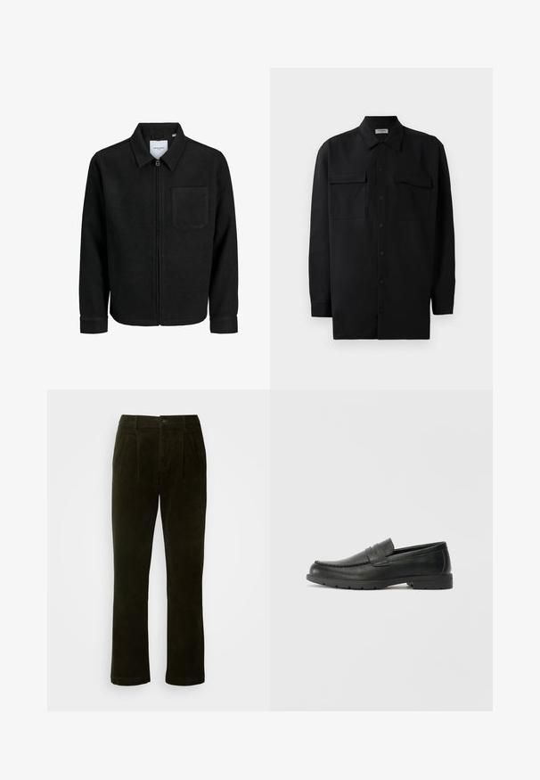 Fekete, zipzáros dzseki gallérral és egyetlen mellzsebbel, fehér háttéren.; Fekete gombos ing, sima anyagból készült, klasszikus gallérral, két elülső zsebbel és hosszú ujjakkal, amelyek gombos mandzsettával záródnak.; Sötétzöld kordbársony nadrág egyenes szárakkal, elöl redőkkel, gombos záródással és puha textúrájú felülettel.; Fekete bőr mokaszinok sima felülettel, a mokaszin stílusú felsőrésszel, varrott részletezéssel és gumitalppal. Klasszikus dizájn alacsony sarokkal.