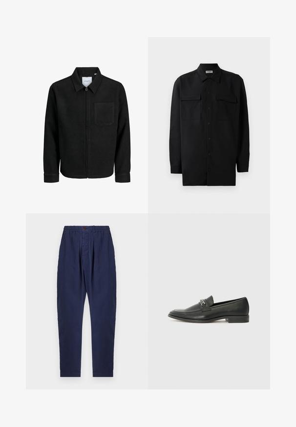 Black zip-up jacket with collar and single chest pocket, displayed on white background.; Black button-up shirt made of smooth fabric, featuring a classic collar, two front pockets, and long sleeves with button cuffs.; Navy blue trousers made of textured fabric with an elastic waistband, button closure, and two front pleats for added design detail.; Black leather loafer with a smooth finish, featuring a stitched design and a decorative metal chain accent across the vamp. Flat heel.