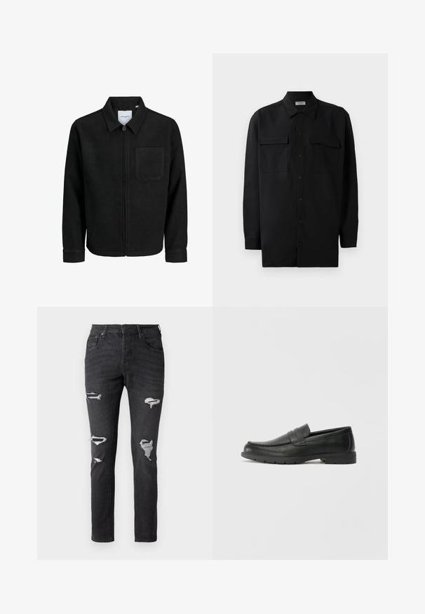 Črna jakna z zadrgo in ovratnikom ter enim žepom na prsih, prikazana na beli podlagi.; Črn srajčni zgornji del iz gladkega materiala, s klasičnim ovratnikom, dvema sprednjima žepoma in dolgimi rokavi z gumbi na manšetah.; Črne jeans hlače s slim fit krojem, ki vsebujejo več poškodovanih predelov in vidne šive na kolenih. Klasična zasnova s petimi žepi.; Črne usnjene loafer čevlje z gladko površino, zgornjim delom v slogu mokasin, šivanimi detajli in gumijastim podplatom. Klasična zasnova z nizko peto.