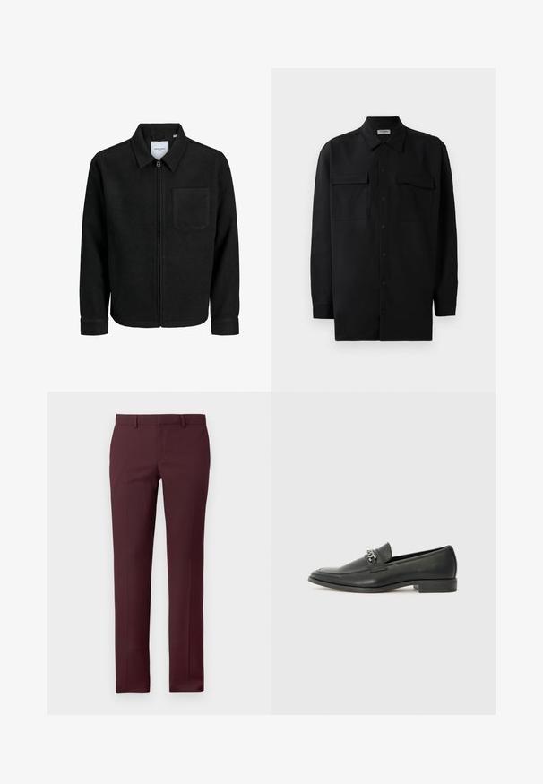 Sort lynlåsjakke med krave og en enkelt brystlomme, vist på hvid baggrund.; Sort skjorte med knapper lavet af glat stof, med klassisk krave, to frontlommer og lange ærmer med knapmanchetter.; Bordeaux skræddersyede bukser med en struktureret pasform. Har flad front, bæltestropper og ingen synlige lommer, lavet af glat stof.; Sorte læder loafers med en glat finish, der har et syet design og et dekorativt metal kædeaccent hen over vamps. Flad hæl.