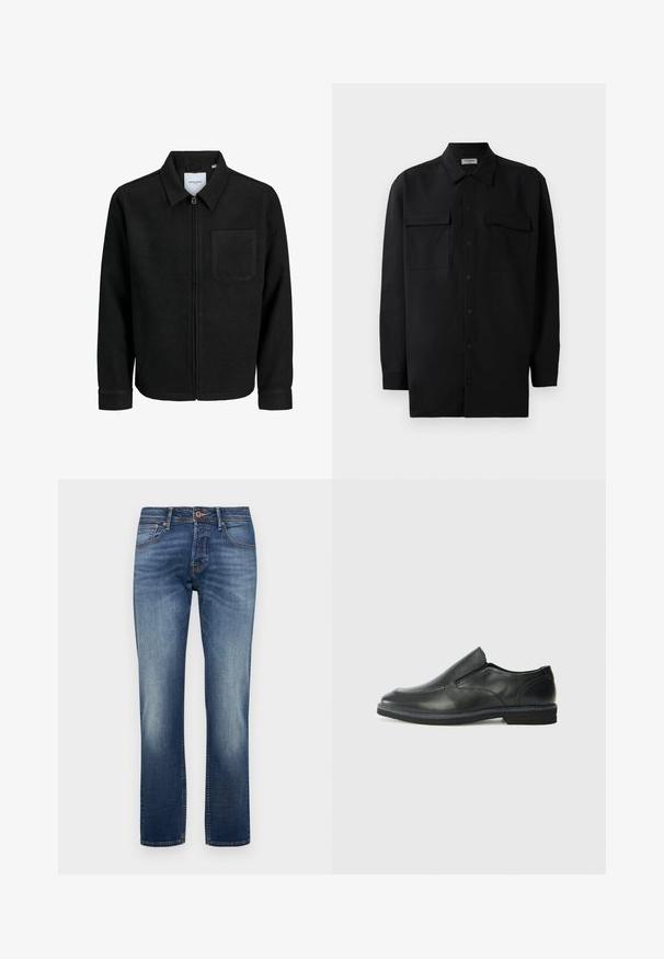 Juodas džemperis su užtrauktuku, apykakle ir vienu krūtiniu kišenėje, pristatytas baltame fone.; Juodas marškinis su mygtukais, pagamintas iš lygaus audinio, turi klasikinius apykaklės, du priekiniai kišeniai ir ilgus rankovės su mygtukais.; Medžiaginių džinsų kelnių vidutinė mėlyna spalva, tiesaus kirpimo. Vidutinio aukščio juosmuo su švelniu blukimu ir kontrastingomis siūlėmis. Penkių kišenių dizainas.; Juodai odiniai įtvirtinimo batai su lygiu paviršiumi, siuvinėjimo akcentais, apvalia nosimi ir žemu guminiu kulnu. Pado raštas minimalus.