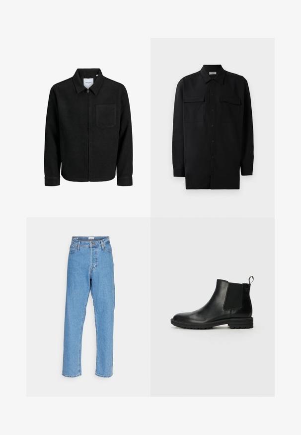 Black zip-up jacket with collar and single chest pocket, displayed on white background.; Black button-up shirt made of smooth fabric, featuring a classic collar, two front pockets, and long sleeves with button cuffs.; Light blue high-waist straight-leg jeans with front button, zipper closure, belt loops, and five-pocket design on white background.; Jack & Jones JFWHOSKINS - Classic ankle boots - anthracite
