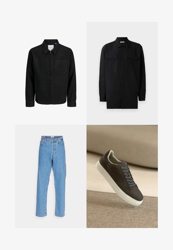 Czarna kurtka z zamkiem na całej długości, z kołnierzem i jedną kieszenią na piersi, umieszczona na białym tle.; Czarna koszula z guzikami wykonana z gładkiego materiału, z klasycznym kołnierzykiem, dwoma przednimi kieszeniami i długimi rękawami z mankietami na guziki.; Jasnoniebieskie dżinsy o wysokim stanie i prostych nogawkach z przednim zapięciem na guziki, zamkiem błyskawicznym, szyjką na pasek oraz pięcioma kieszeniami na białym tle.; Ciemnoszare zamszowe sneakersy z pasującymi sznurówkami i białą gumową podeszwą, umieszczone nad teksturowaną beżową powierzchnią na miękkim tle.