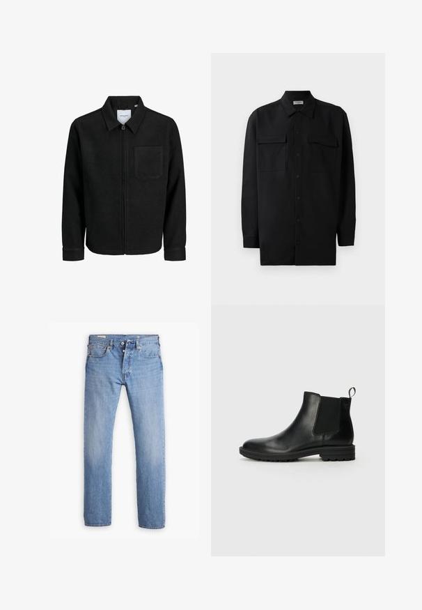 Černá zipová bunda s límečkem a jednou kapsou na hrudi, vystavená na bílém pozadí.; Černá košile na knoflíky vyrobená z hladké tkaniny, s klasickým límcem, dvěma předními kapsami a dlouhými rukávy s knoflíkovými manžetami.; Levi's® 501® ORIGINAL - Džíny Straight Fit - smooth cruise cool; Jack & Jones JFWHOSKINS - Kotníkové boty - anthracite