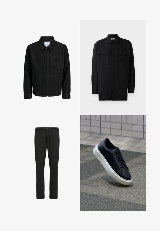 Sort lynlåsjakke med krave og en enkelt brystlomme, vist på hvid baggrund.; Sort skjorte med knapper lavet af glat stof, med klassisk krave, to frontlommer og lange ærmer med knapmanchetter.; Sort bomuldsbukser med lige snit, frontlås med knap og to sidelommer; glat tekstur med minimalistisk design.; Sort lædersneaker med rund tå og hvid gummisål. Har flade snørebånd og minimal syning på overdelen. Tekstureret sål for bedre greb.