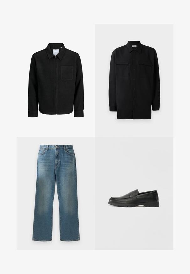 Mustaga lukuga jakker, millel on krae ja üks rinna-tasku, esitatud valgel taustal.; Mustmust värvi nööpidega särk, mis on valmistatud sujuvast kangast, klassikalise kraega, kahe eesmise tasku ja pikkade varrukatega, millel on nööpidega mansetid.; Sinine teksariie laiade jalgadega, millel on pleekinud pesu, klassikaline viie-tasku disain ja metallsulgemine vööl.; Musthave nahkkingad siledast nahast, mokassiini stiilis ülevalt, tikanditega ja kummist tallaga. Klassikaline disain madala kontsaga.