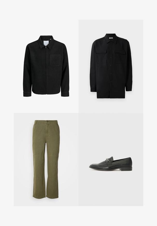 Fekete, zipzáros dzseki gallérral és egyetlen mellzsebbel, fehér háttéren.; Fekete gombos ing, sima anyagból készült, klasszikus gallérral, két elülső zsebbel és hosszú ujjakkal, amelyek gombos mandzsettával záródnak.; Olívazöld pamut nadrág, egyenes lábbal, látható gombos zárással és térdvarrás részletekkel a plusz részletességért és szerkezetért.; Fekete bőr loaferek sima felülettel, varrott mintával és díszítő fém lánccal a cipő elején. Lapos sarok.