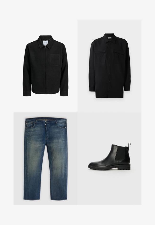 Giacca nera con zip, colletto e una tasca sul petto, mostrata su sfondo bianco.; Camicia nera con bottoni realizzata in tessuto morbido, dotata di colletto classico, due tasche frontali e maniche lunghe con polsini a bottone.; Jeans in denim blu con chiusura a bottoni, design classico a cinque tasche e dettagli sbiaditi su cosce e ginocchia.; Jack & Jones JFWHOSKINS - Stivaletti - anthracite