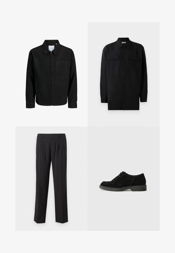 Black zip-up jacket with collar and single chest pocket, displayed on white background.; Black button-up shirt made of smooth fabric, featuring a classic collar, two front pockets, and long sleeves with button cuffs.; Black tailored trousers made from smooth fabric, featuring pleats at the front, a button closure, and a straight leg design.; Black suede dress shoe with a rounded toe, contrasting stitching, and a rubber sole. Features minimal lacing and a smooth upper design.