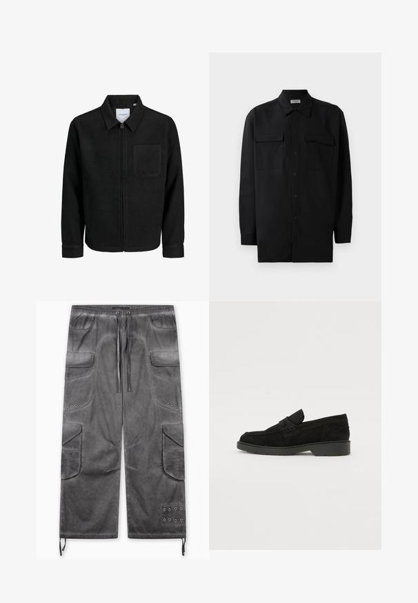 Črna jakna z zadrgo in ovratnikom ter enim žepom na prsih, prikazana na beli podlagi.; Črn srajčni zgornji del iz gladkega materiala, s klasičnim ovratnikom, dvema sprednjima žepoma in dolgimi rokavi z gumbi na manšetah.; Sive cargo hlače z ohlapnim krojem, več žepi, teksturiranim materialom, pasom z zavezovanjem in kovinskimi ojačitvami.; Črne zakončene loafer čevlje z nizko peto, ki imajo preprost pas čez zgornji del in teksturno obdelavo ob straneh.