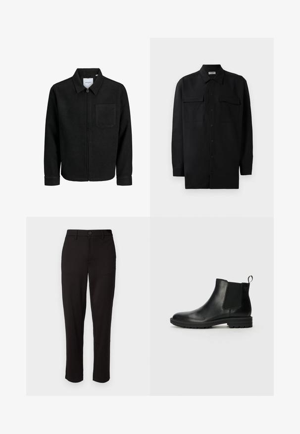 Čierna zipsová bunda s golierom a jednou náprsníkou, vystavená na bielom pozadí.; Čierna košeľa na gombíky vyrobená z hladkej tkaniny, so klasickým golierom, dvoma prednými vreckami a dlhými rukávmi s gombíkovými manžetami.; Čierne nohavice vyrobené z ľahkého materiálu, so strihaním do rovného strihu, predným zapínaním na gombík, pútkom na opasok a bočnými vreckami.; Jack & Jones JFWHOSKINS - Klasické členkové čižmy - anthracite
