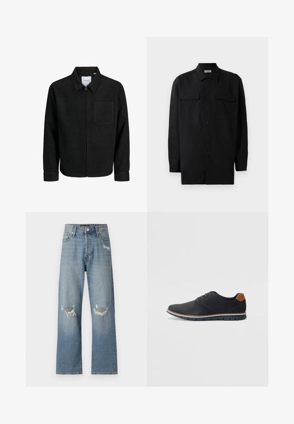 Black zip-up jacket with collar and single chest pocket, displayed on white background.; Black button-up shirt made of smooth fabric, featuring a classic collar, two front pockets, and long sleeves with button cuffs.; Light blue denim jeans with a straight leg design. They feature two torn knee openings and a classic zip fly with a button closure.; Black synthetic shoes with a textured upper, smooth accents, brown heel, and a contrasting sole. Features minimal lacing and stitch details.